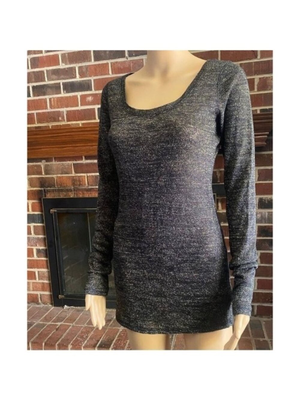 EXPRESS Women's Top Metallic Silver Sheer Scoop Neck Long Sleeve Tunic Lightweig
